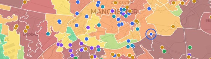 Deprivation heatmap of central Manchester with skills provider and service locations marked across IMD-coloured neighbourhoods.