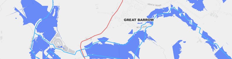 Detail map of the River Gowy catchment in Cheshire, showing flood extent in blue between Chester, Guilden Sutton and Great Barrow.