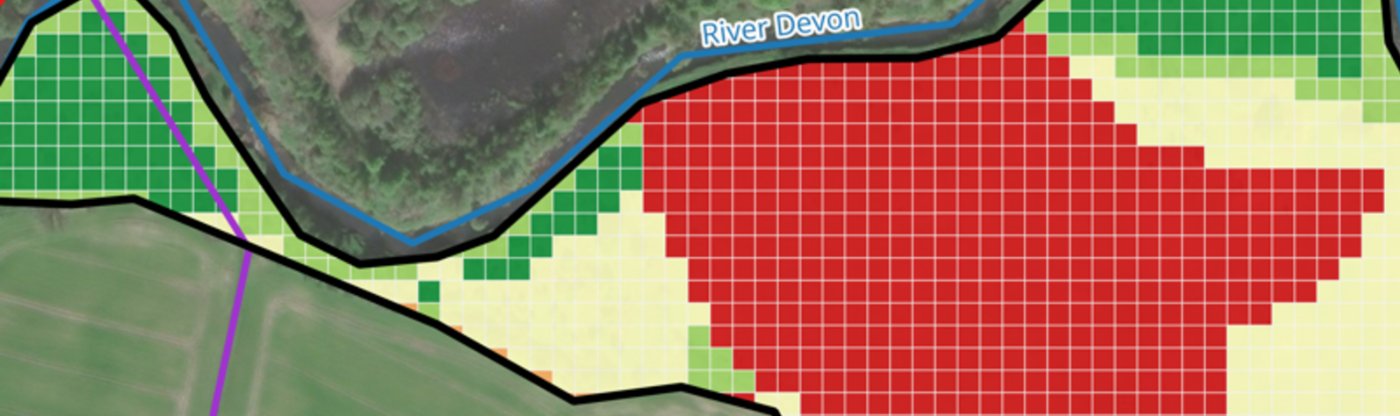 Woodland suitability assessment near the River Devon and Brook Street, with red, yellow and green zones indicating unsuitable, moderate and suitable land for planting.